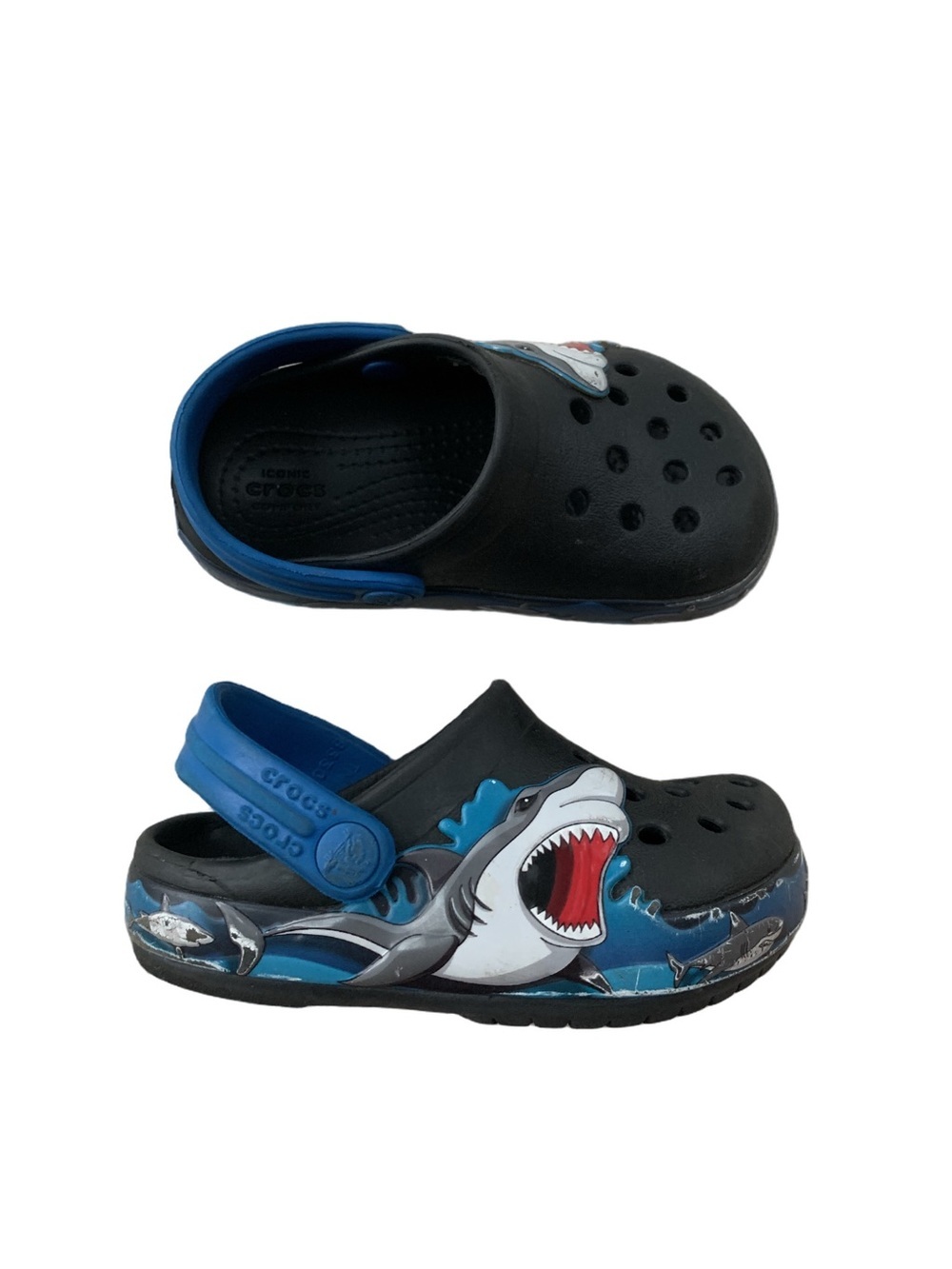 Crocs Toddler Size 6 Shark in Water Black Blue Slip On Clog Sandals